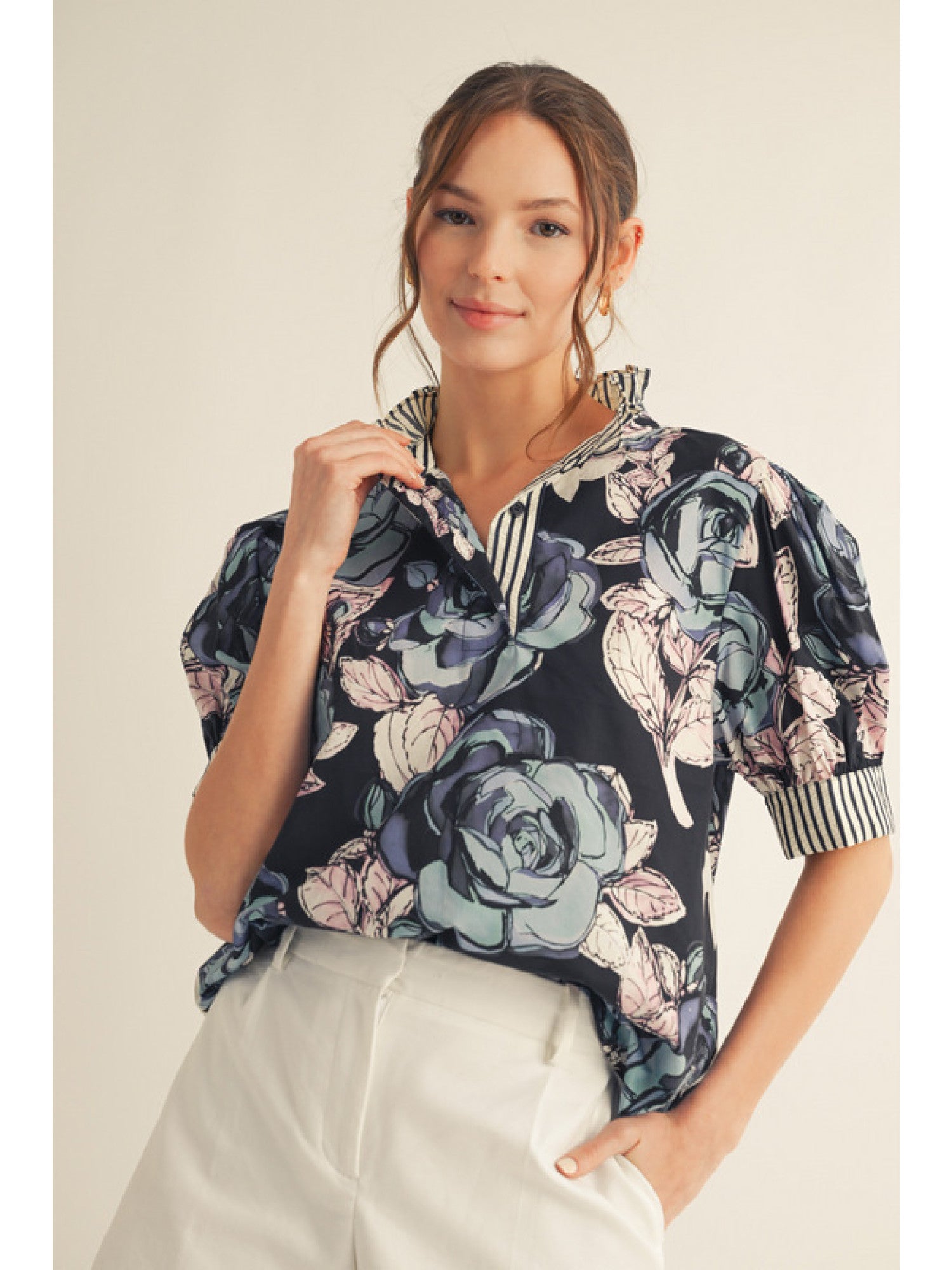 Ruffled Mock Neck Floral Top