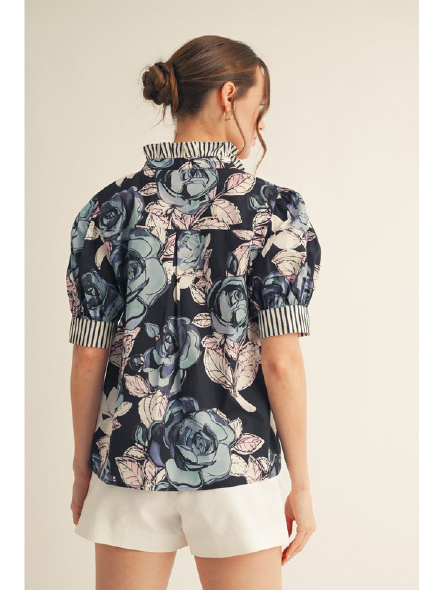 Ruffled Mock Neck Floral Top