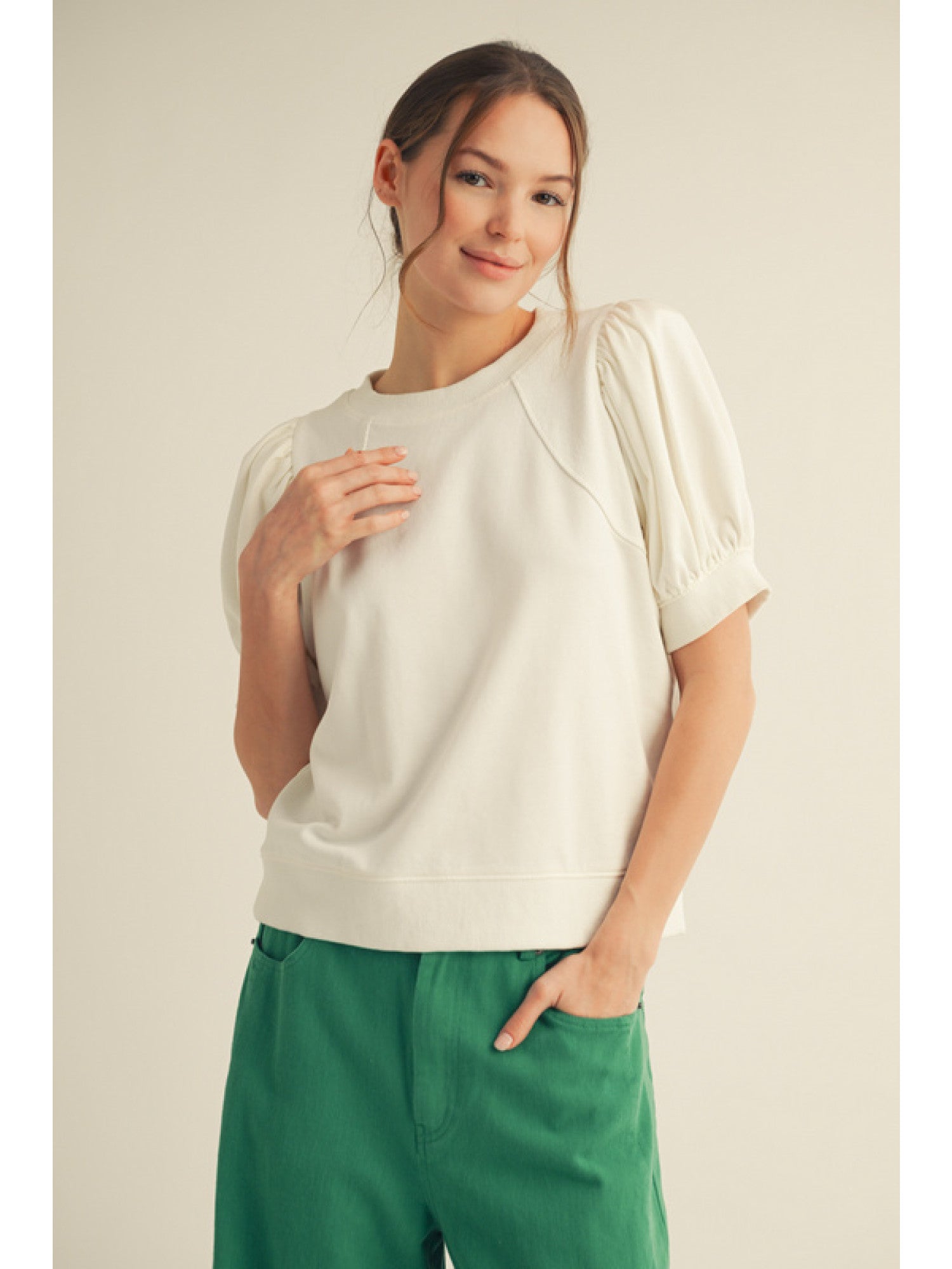 Pleated Short Sleeve Crew Neck Top