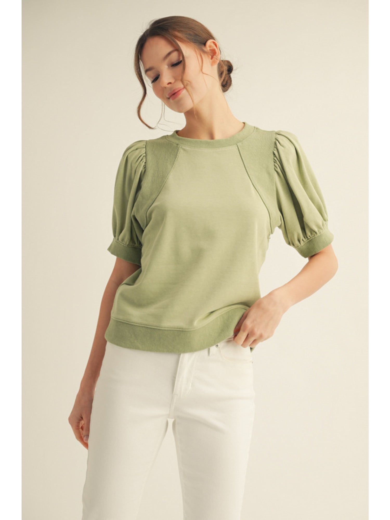 Pleated Short Sleeve Crew Neck Top