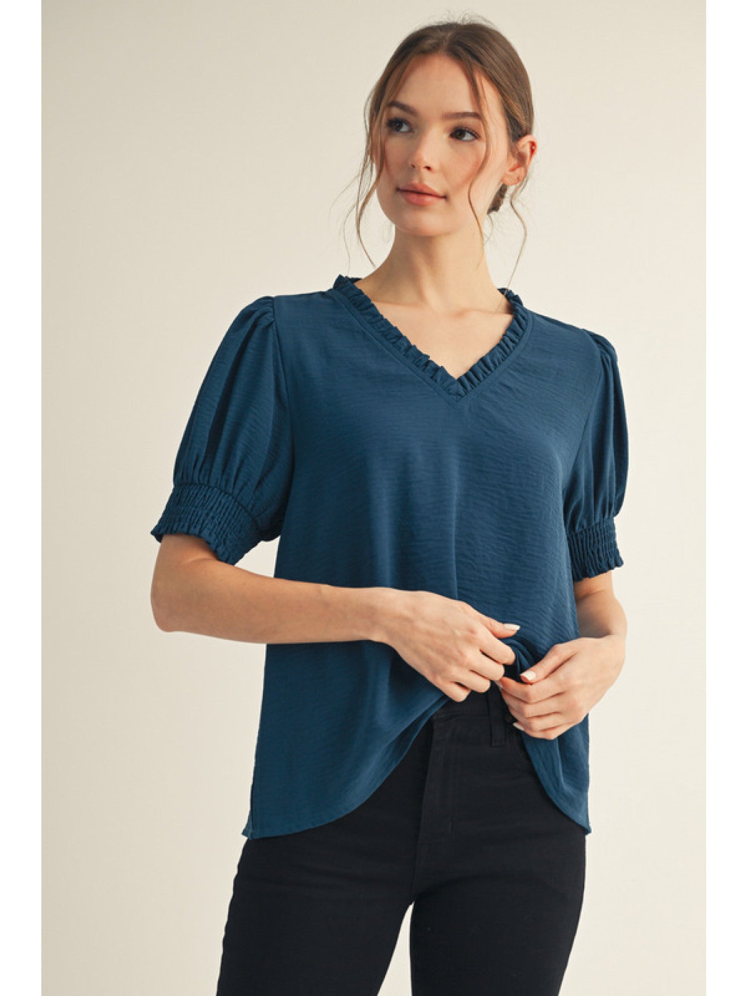 Frilled V-Neck Solid Color Top