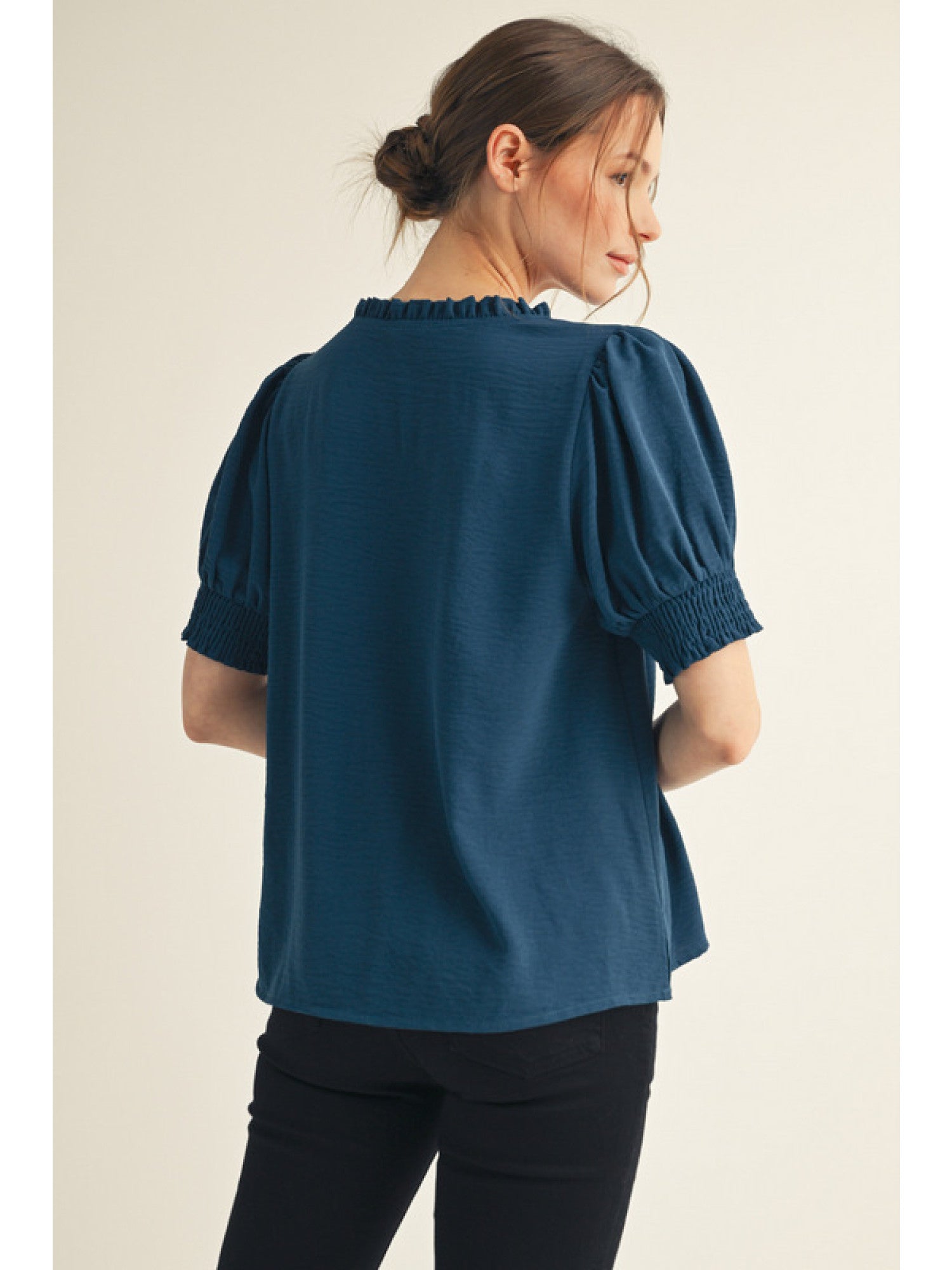Frilled V-Neck Solid Color Top