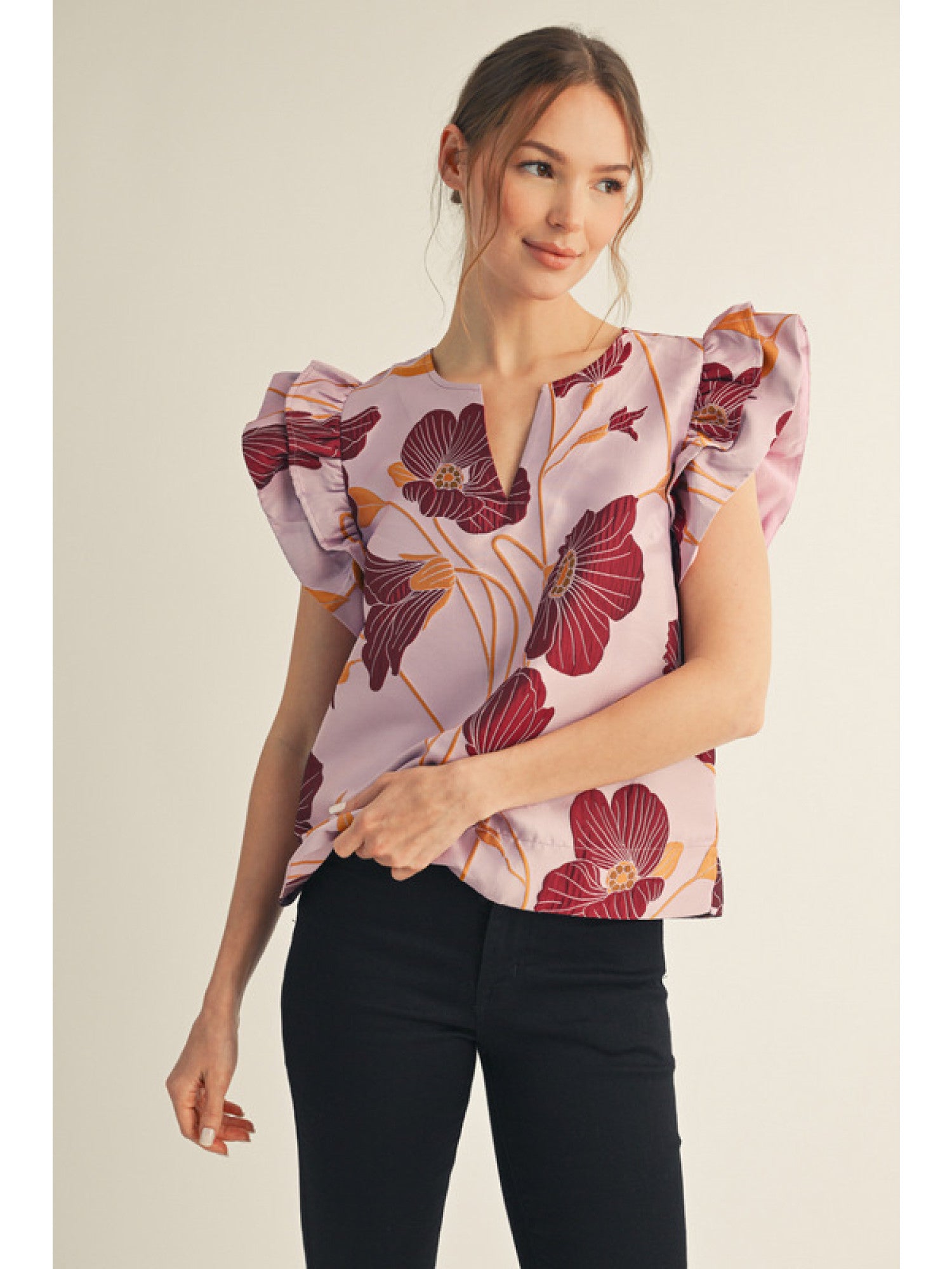 Double Layer Ruffled Cap Sleeve Floral Top