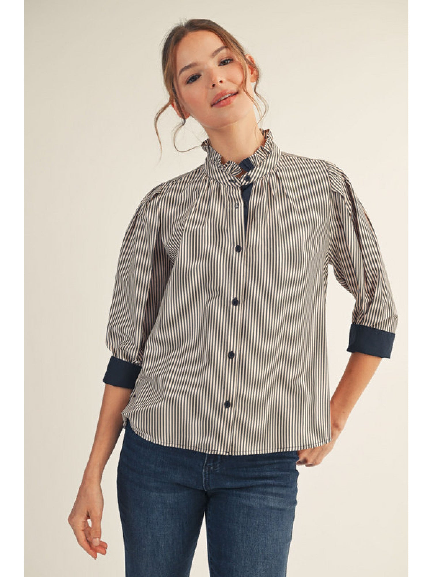 Ruffled Trim Stand Up Collar Striped Top
