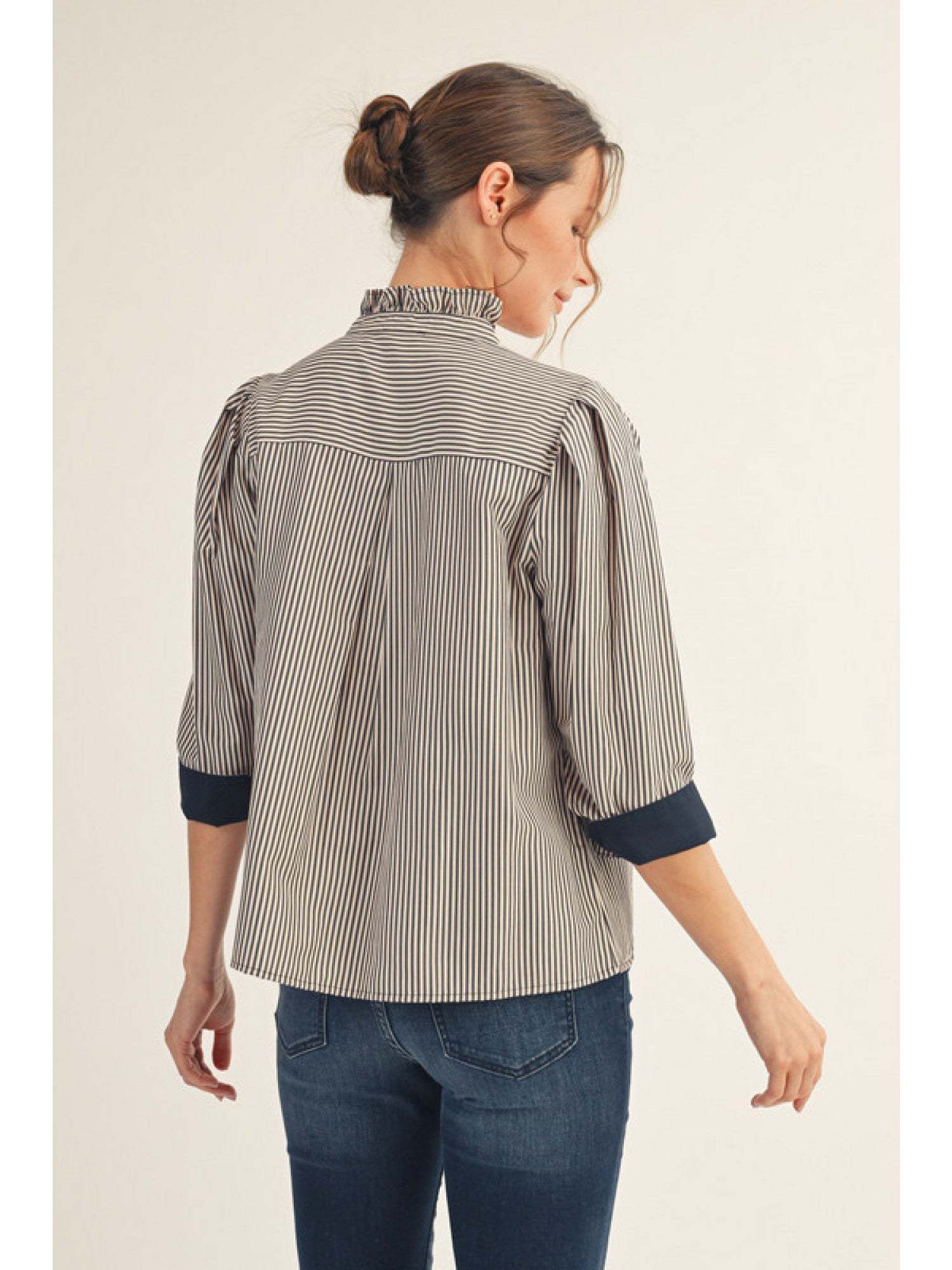 Ruffled Trim Stand Up Collar Striped Top