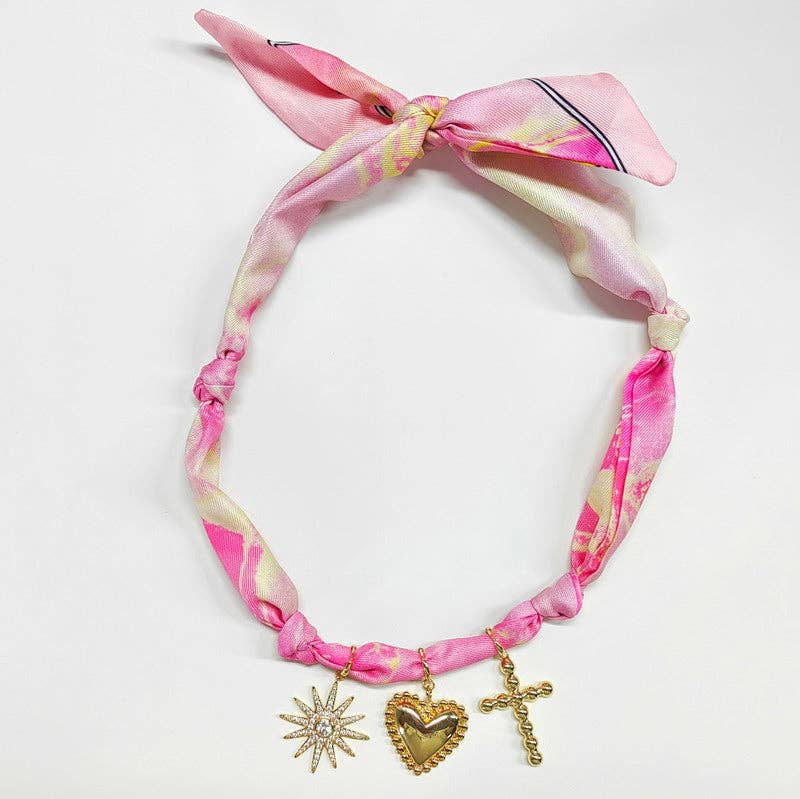 Hot Pink & White Scarf Necklace w/ Charms