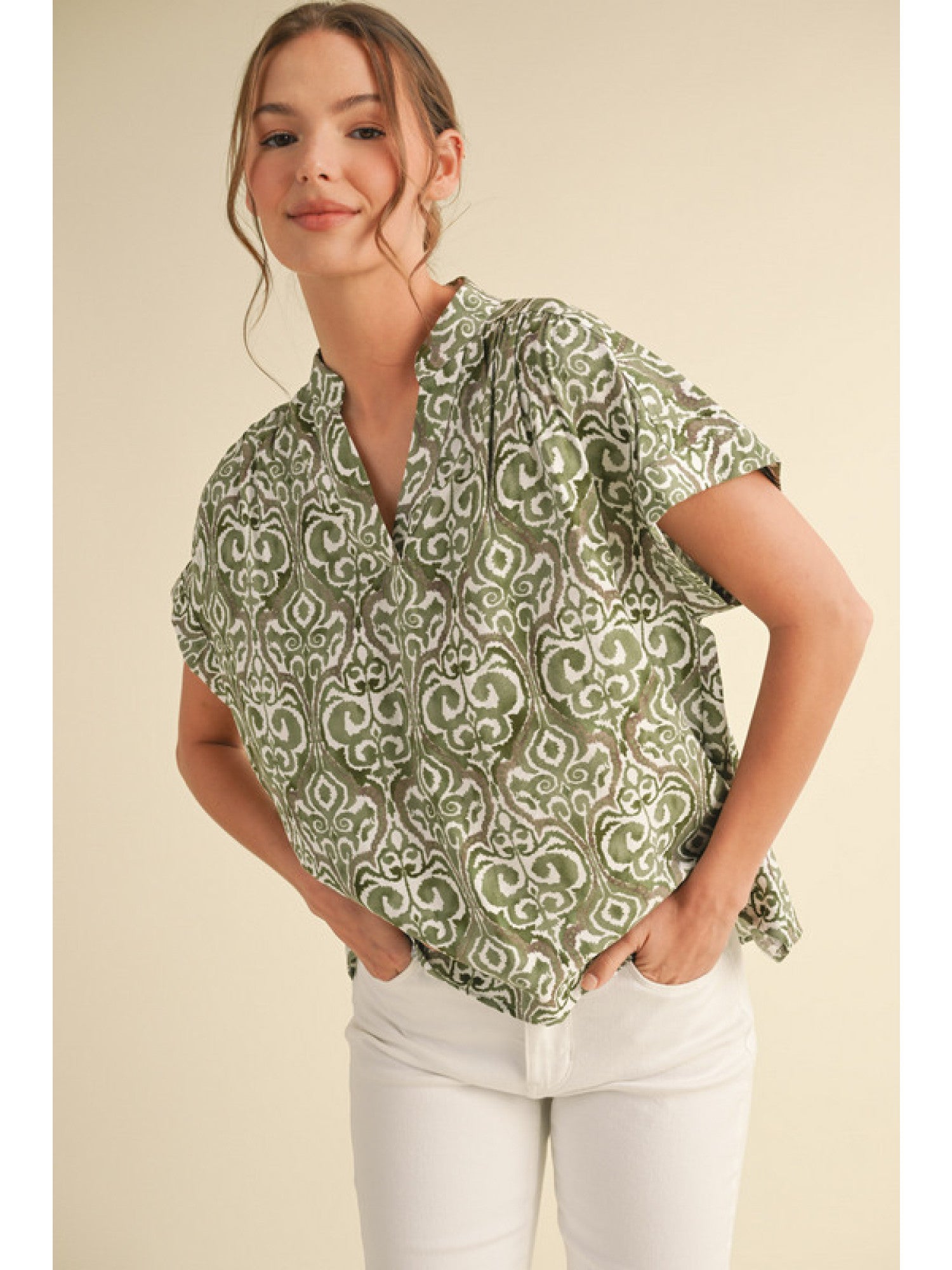 V-Neck Print Woven Top