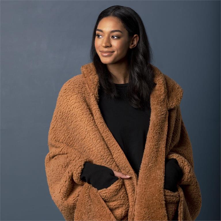 Sherpa Camel Hooded Wrap with Cuffs - 76x30in