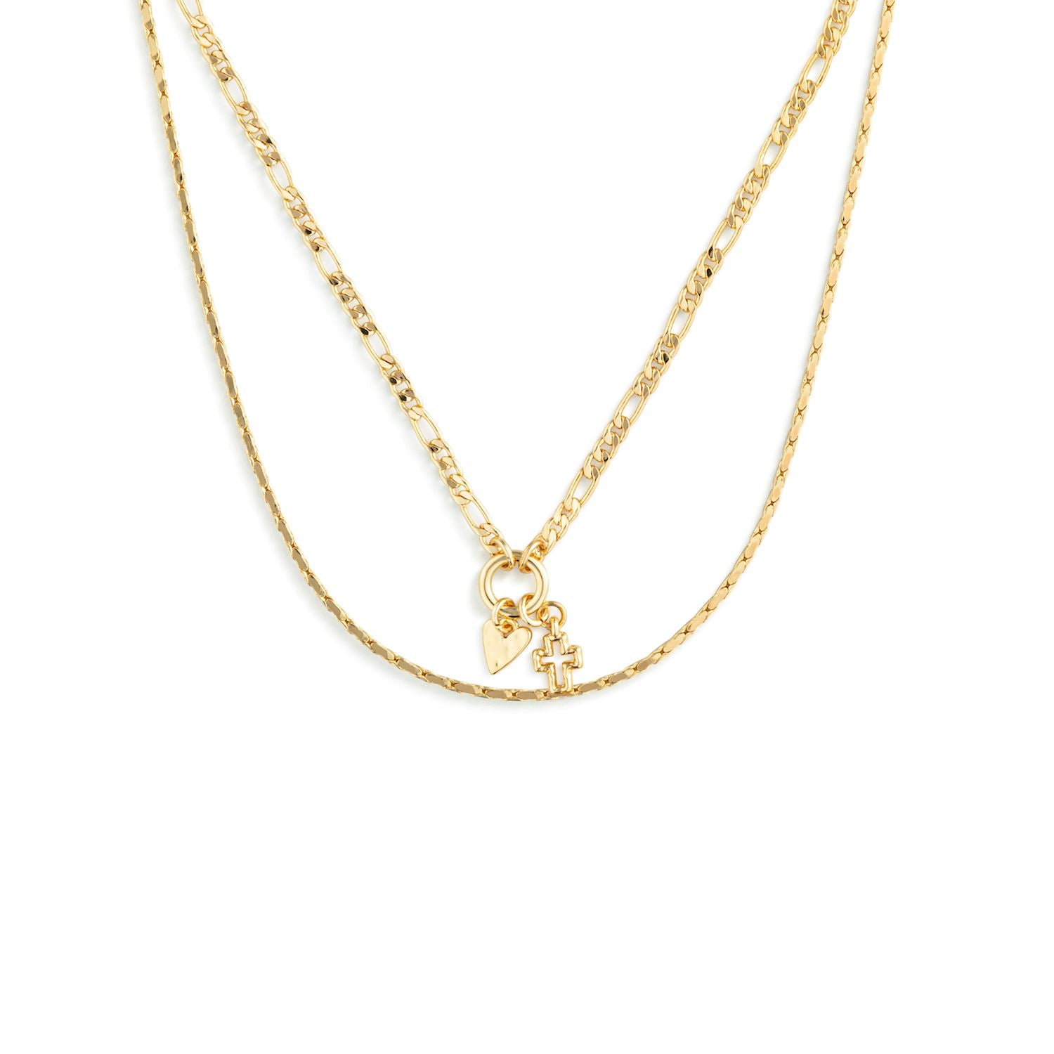 Heart and Cross Charm Layered Necklace Gold