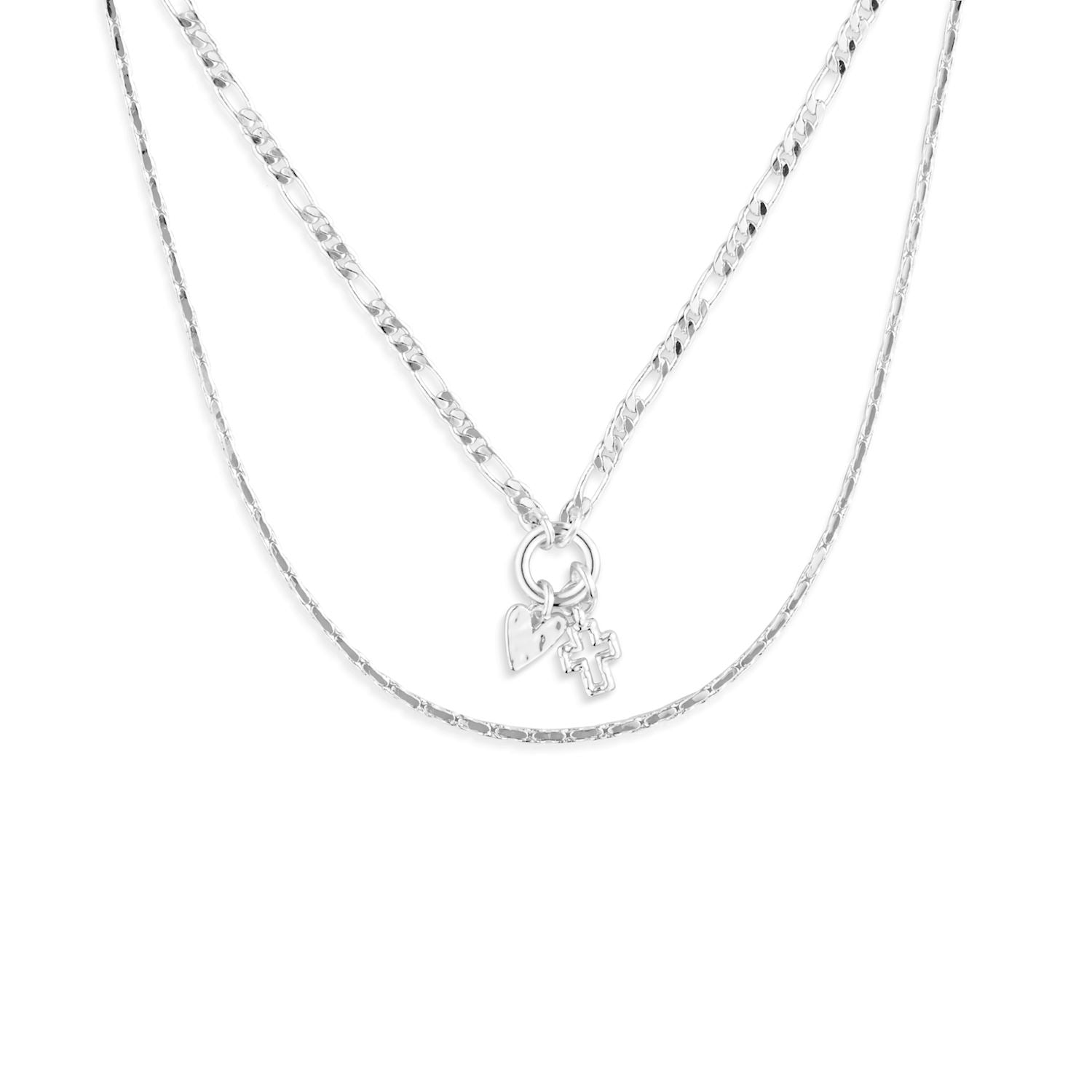 Heart and Cross Charm Layered Necklace Silver