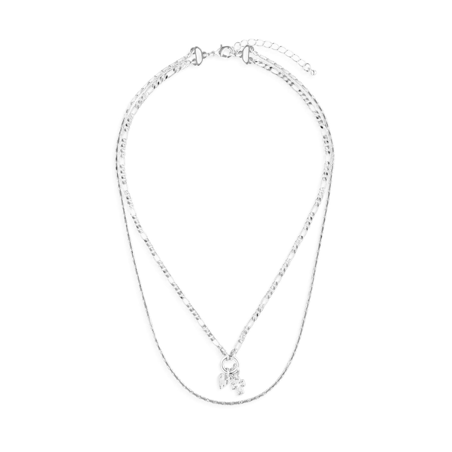 Heart and Cross Charm Layered Necklace Silver