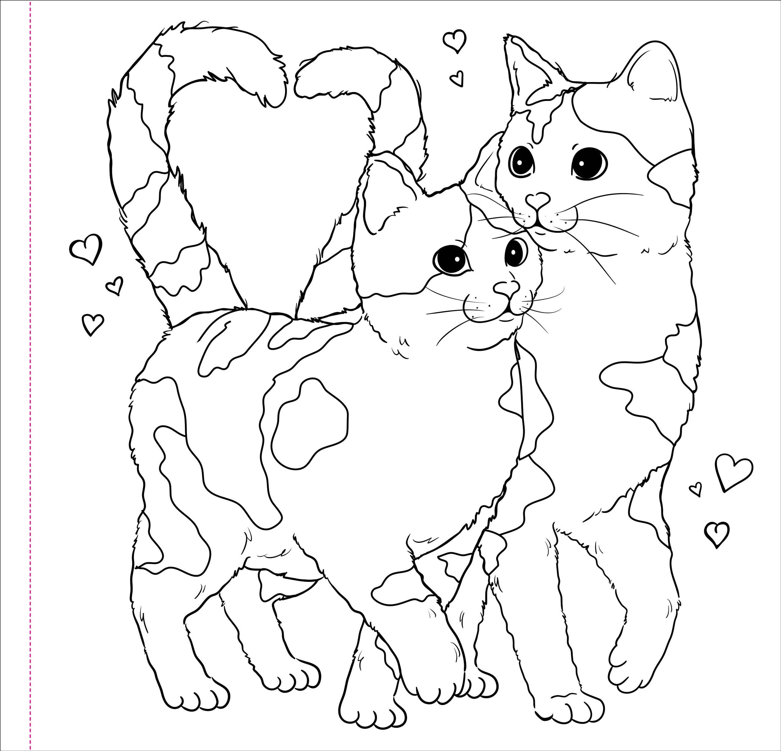 Coloring page with two cats with hearts around them.