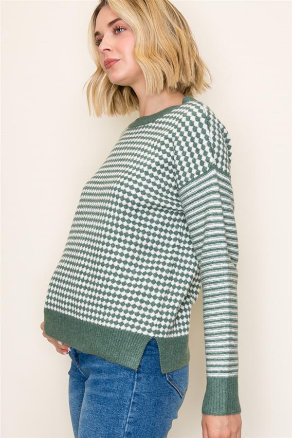 Checkerboard Striped Sleeve Sweater