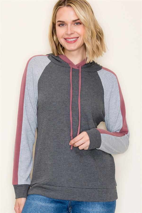Color Trimmed Waffle Hoodie Top