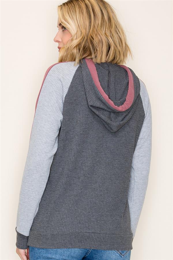 Color Trimmed Waffle Hoodie Top