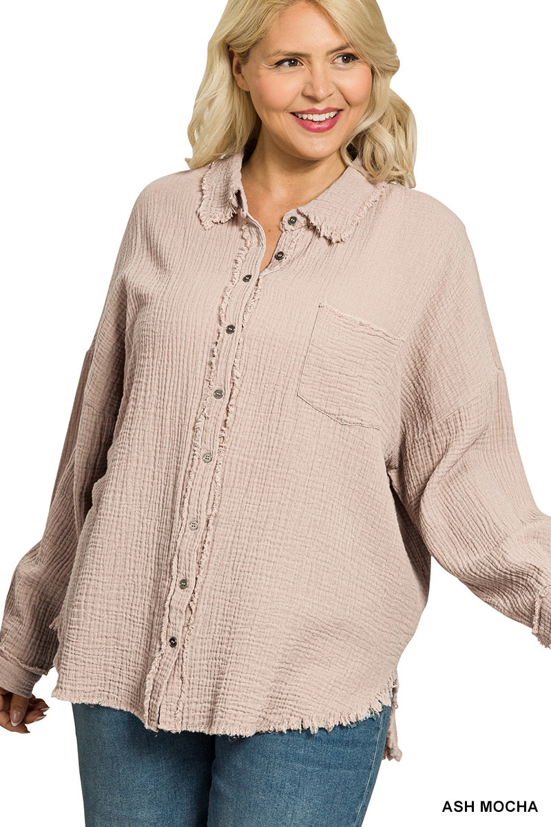 Plus Size Double Gauze Raw Edge Shirt