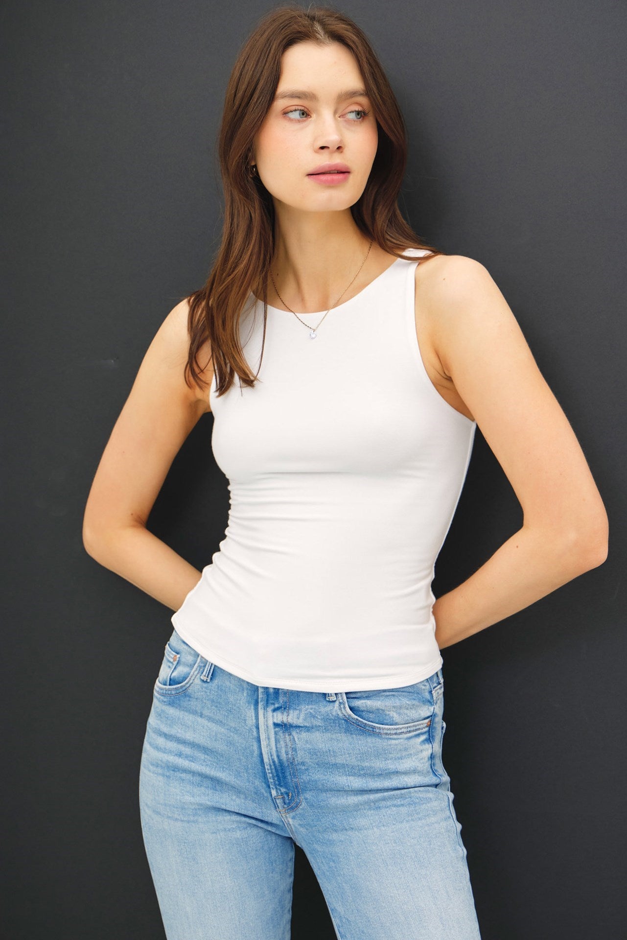 Double Lined Boat Neck Top - Off White