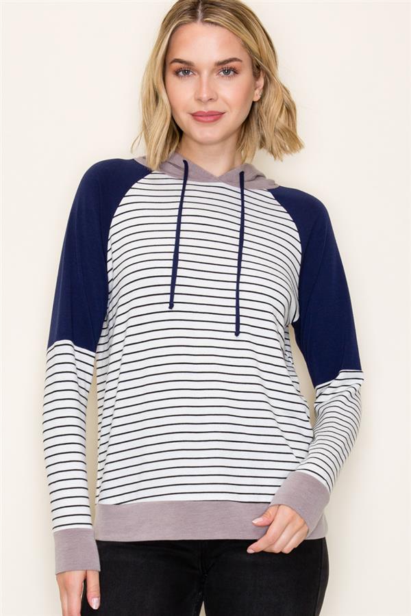 Color Blocked Striped Hooded Top
