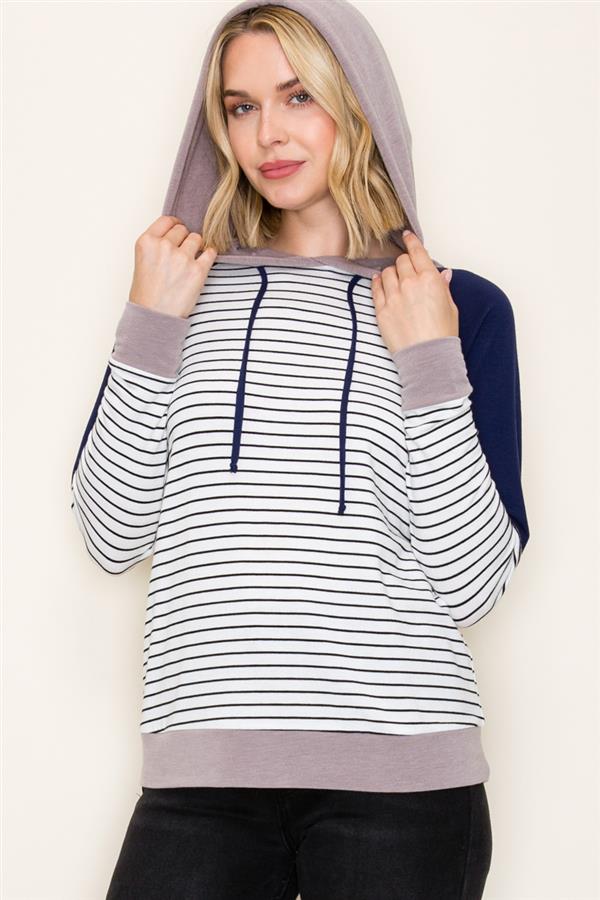Color Blocked Striped Hooded Top