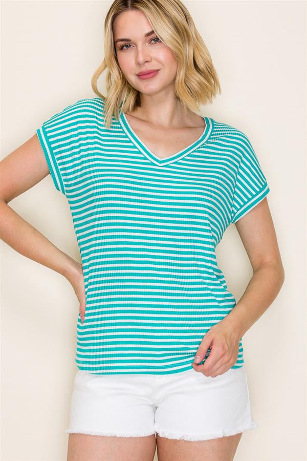 V-Neck Ribbed Striped Top