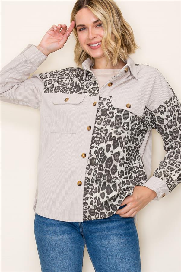 Animal Print Blocked Corduroy Shacket