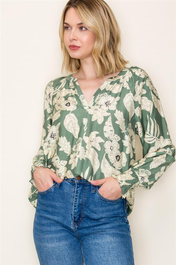 Floral Print Split V-Neck Top