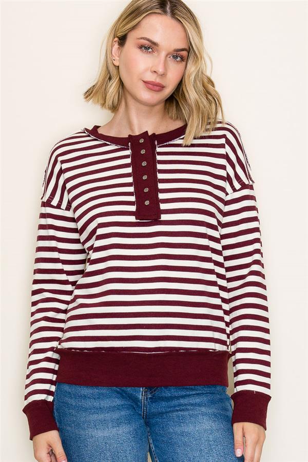 Henley Snap Button Striped Top