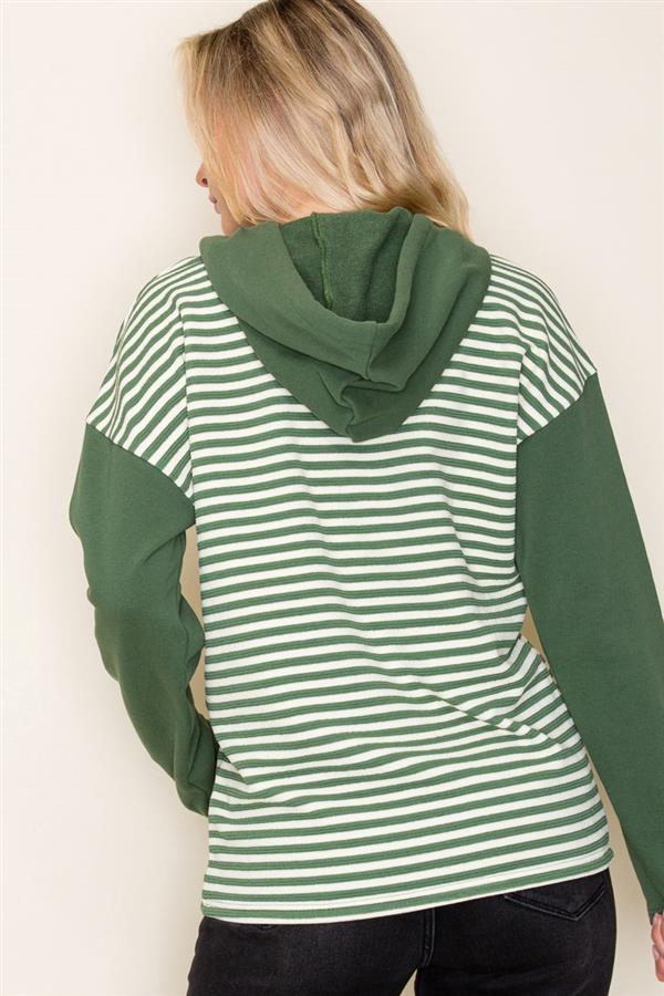 Half Button Color Blocked Striped Hoodie