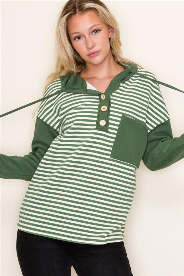 Half Button Color Blocked Striped Hoodie