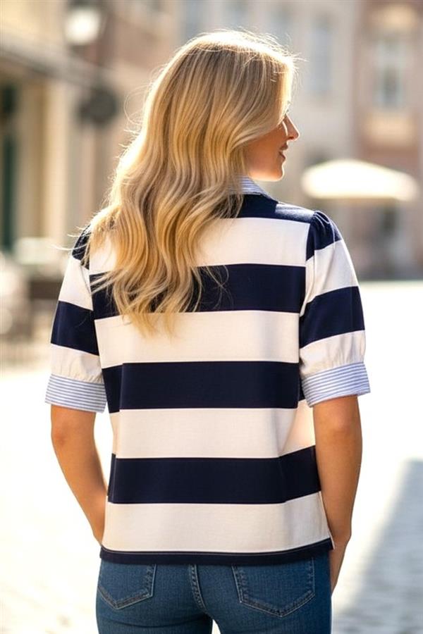 Puff Sleeve Rugby Stripe Polo Top