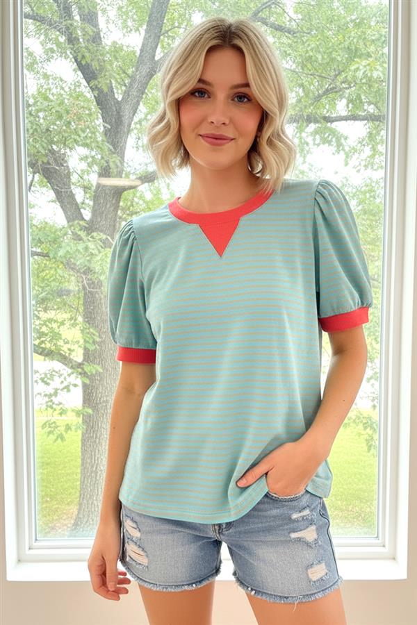 Half Puff Sleeve Striped Top
