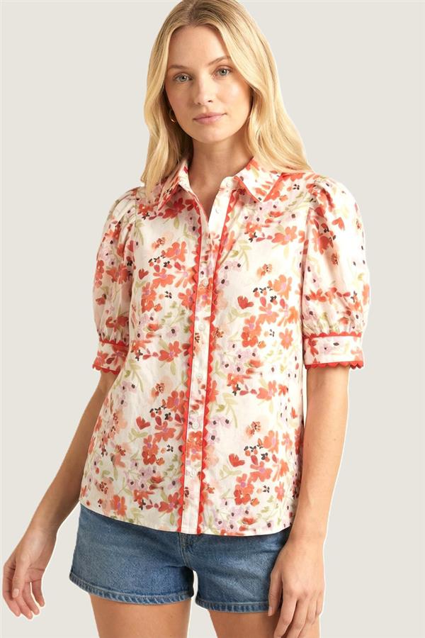 Pico Trim Detailed Floral Print Shirt