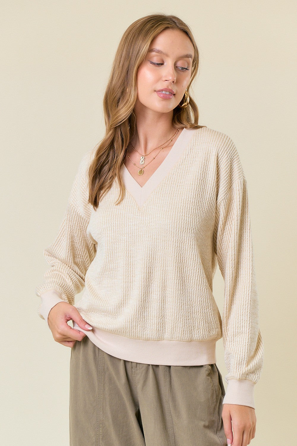 V-Neck Oversized Vertical Ribbed Top
