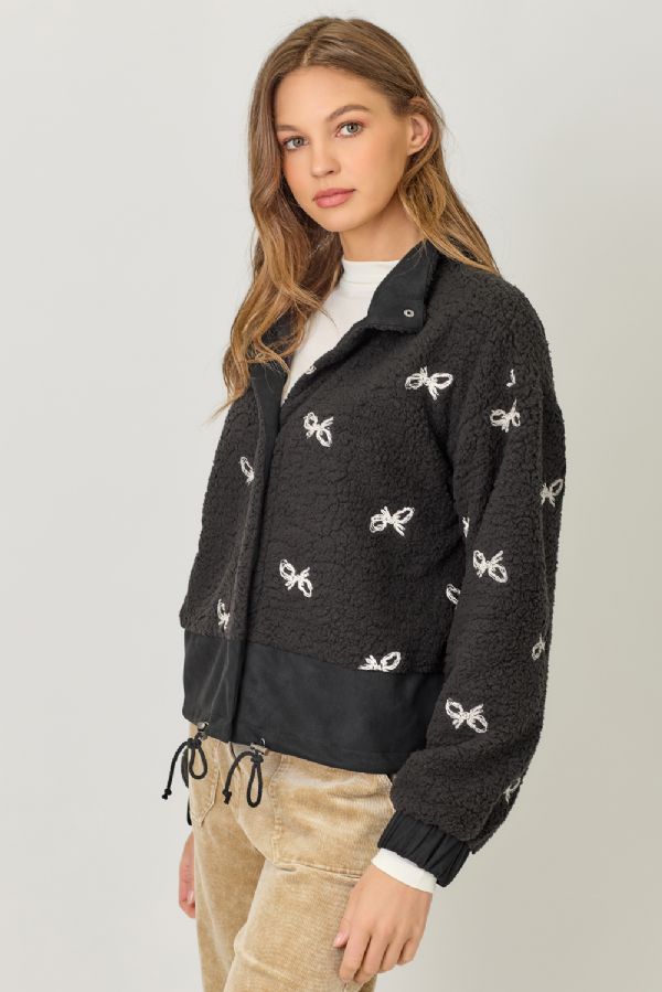 Bow Embroidery Mixed Material Jacket
