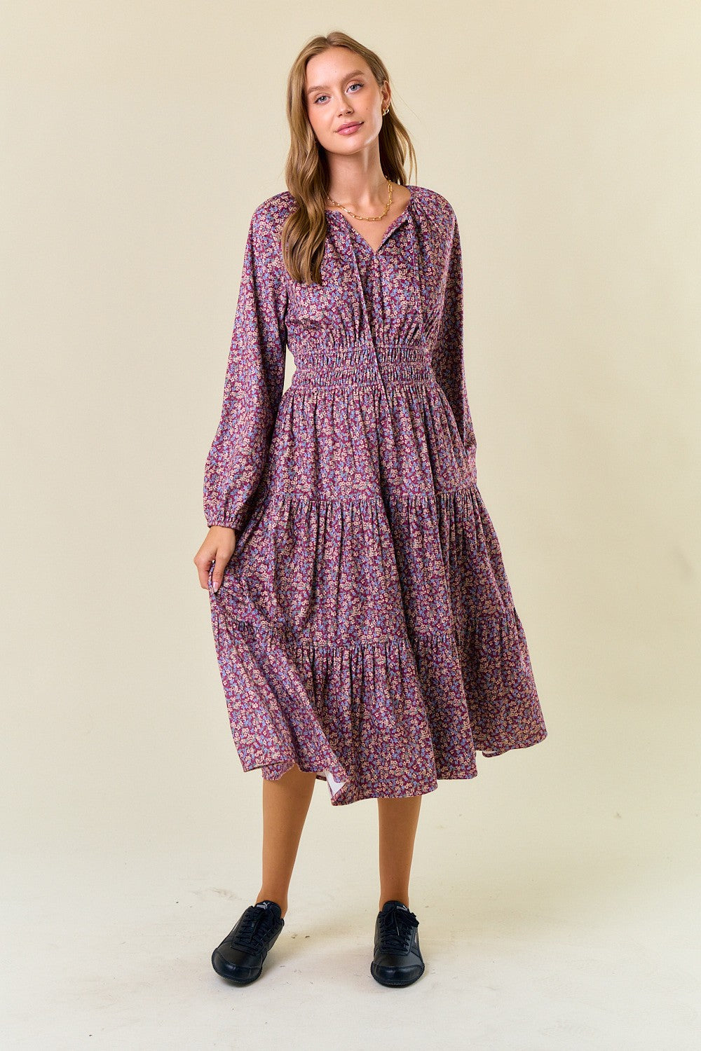 Floral Velour Long Sleeve Midi Dress