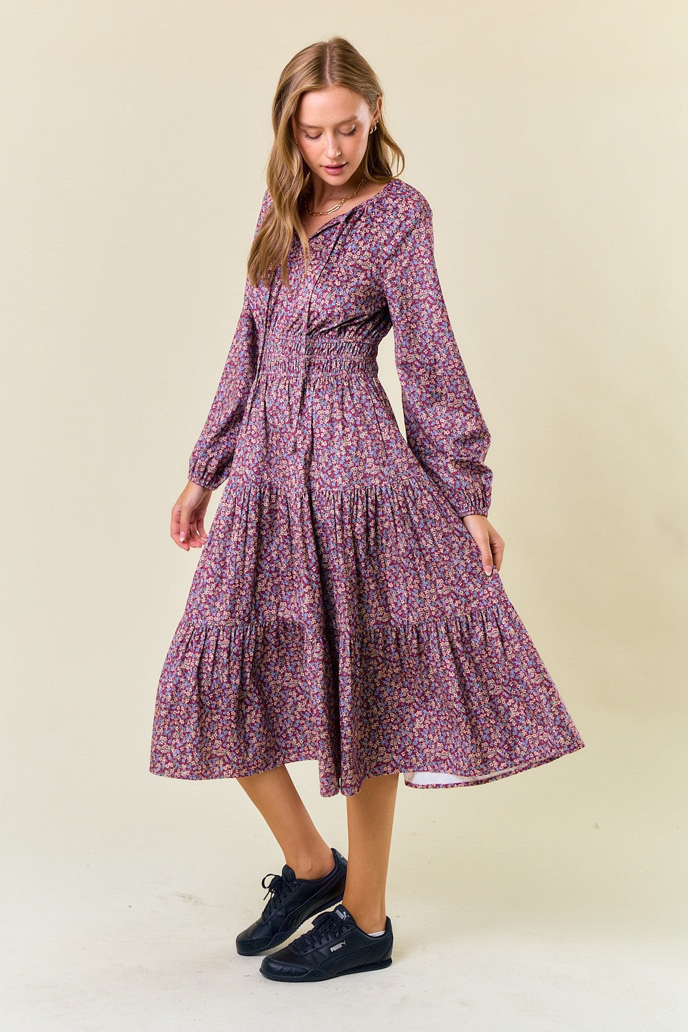 Floral Velour Long Sleeve Midi Dress