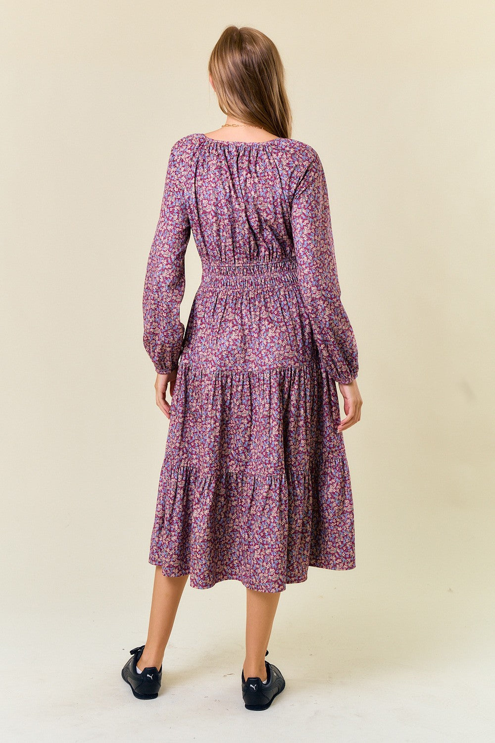 Floral Velour Long Sleeve Midi Dress