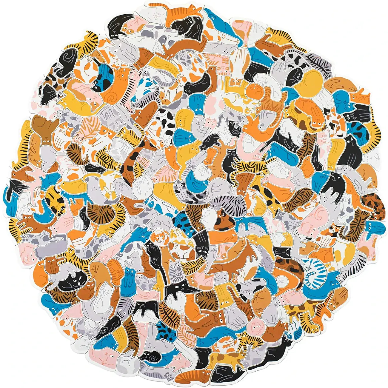 299 Cats (and a Dog) 300-piece cluster puzzle featuring uniquely shaped cat puzzle pieces and colorful feline illustrations.
