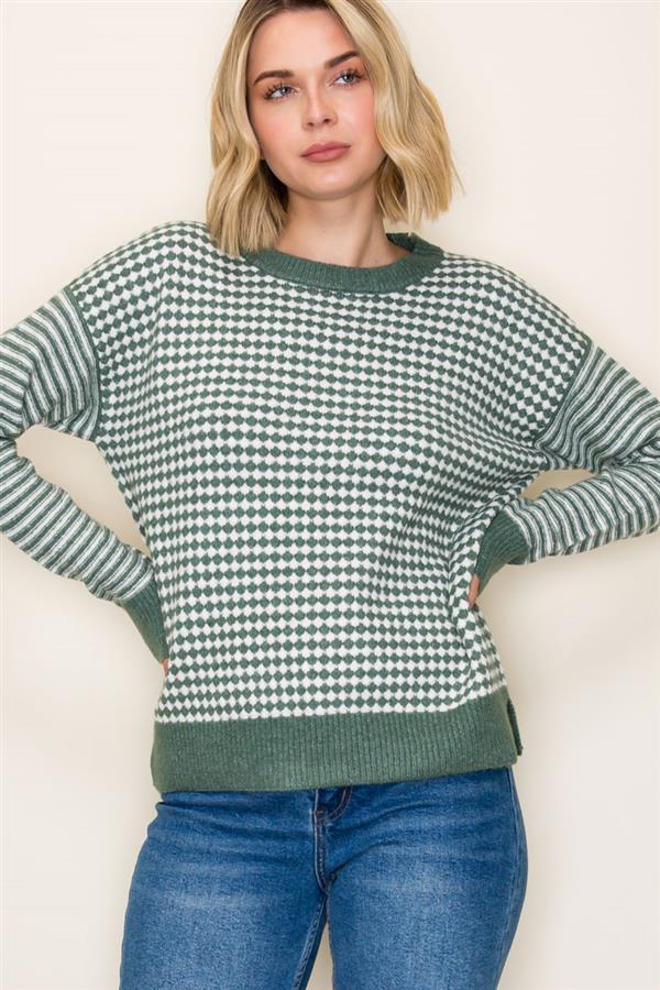 Checkerboard Striped Sleeve Sweater