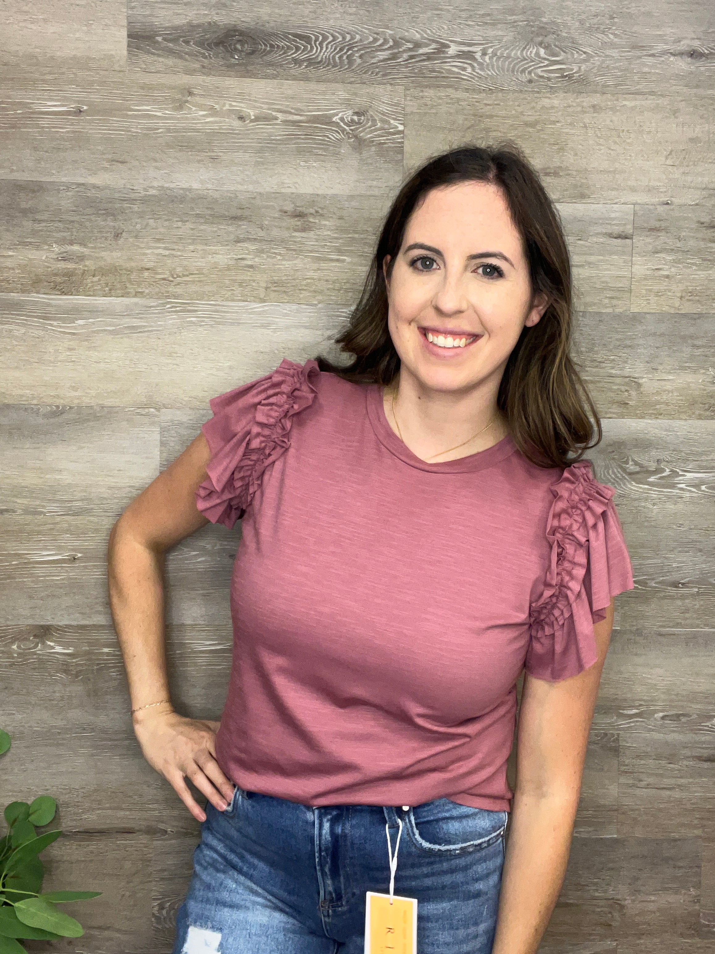 Ruffled Sleeve Crew Neck Top