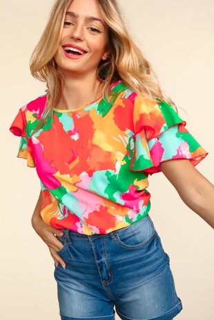 Round Neck Bright Floral Double Ruffle Frill Sleeve Top