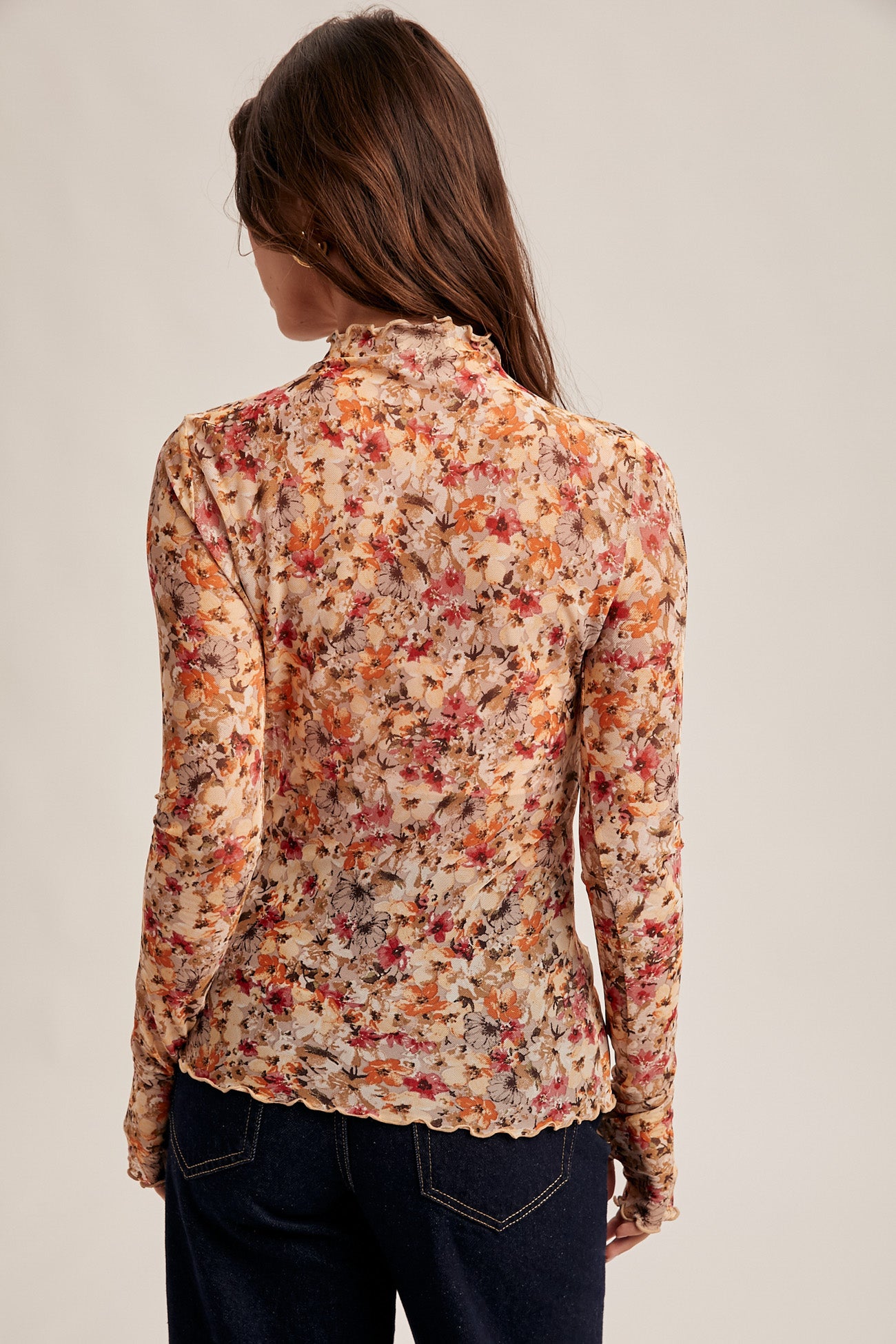 Floral Print Mesh Mock Neck Top