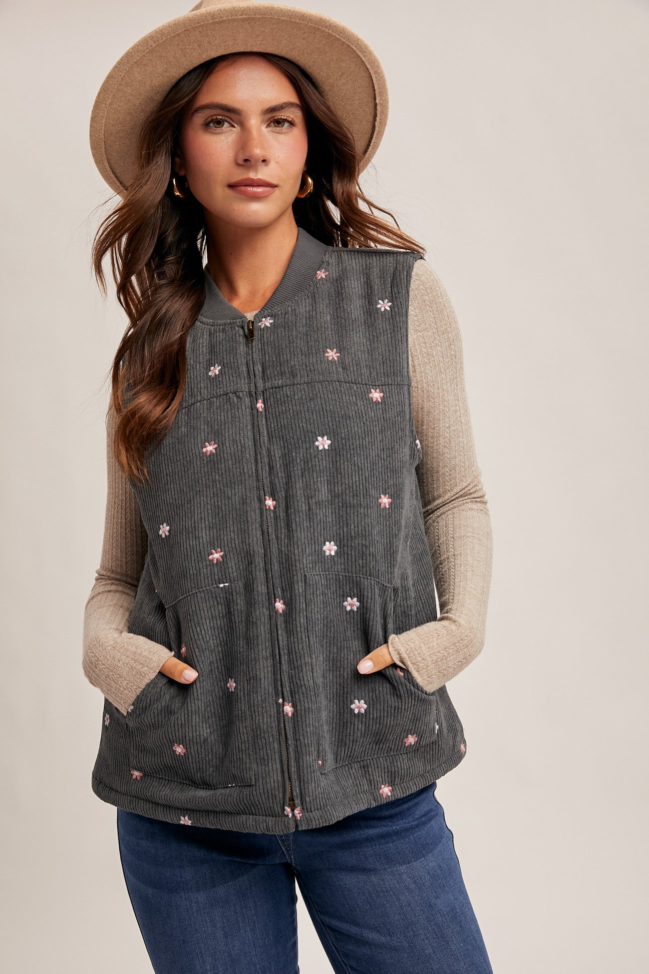 Floral Embroidered Corduroy Vest