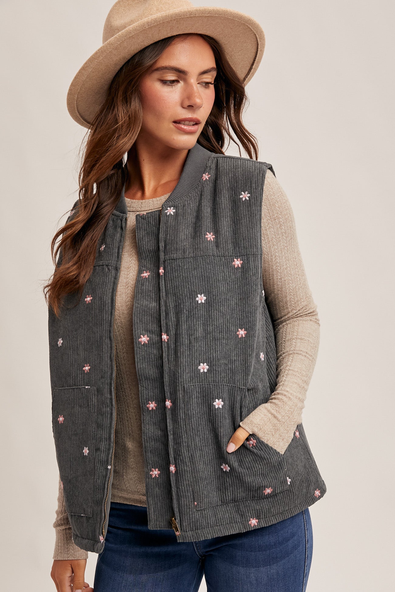 Floral Embroidered Corduroy Vest