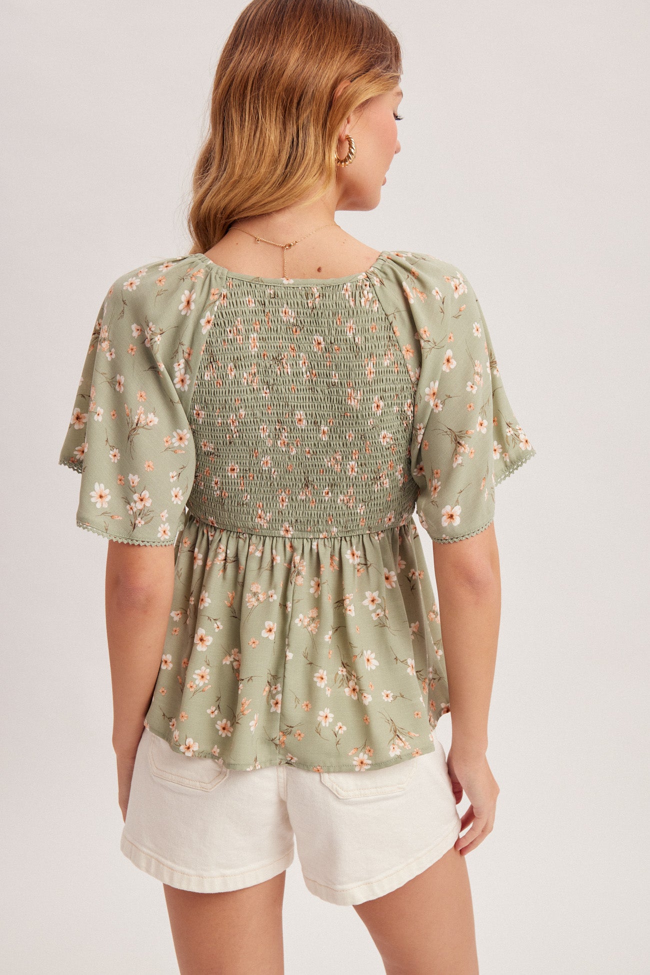 V-Neck Flutter Sleeve Smocked Peplum Top