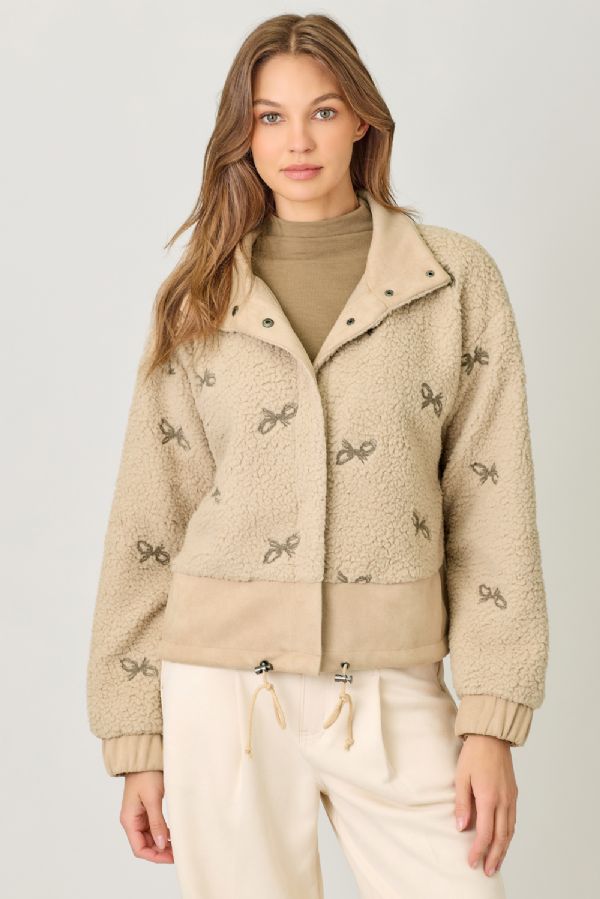 Bow Embroidery Mixed Material Jacket