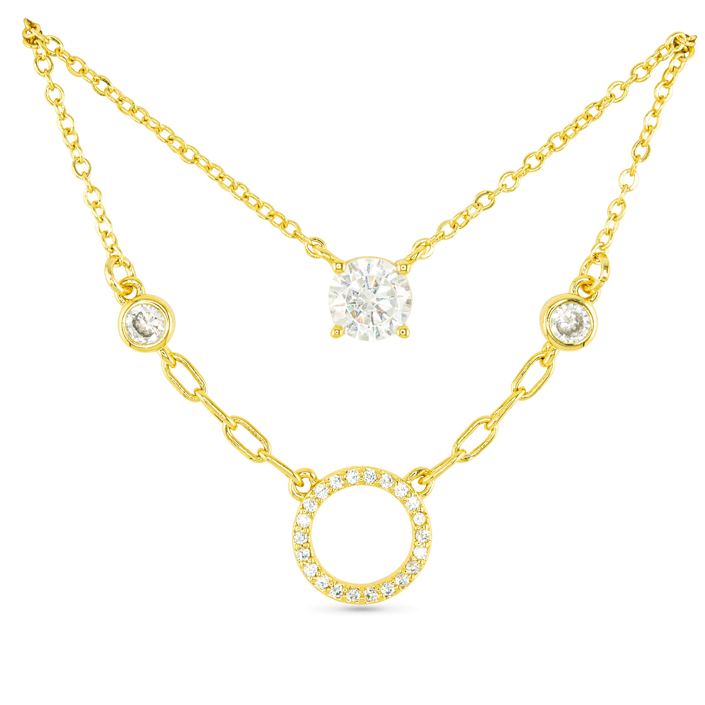 Gold CZ Dual Solitaire and Circle Necklace