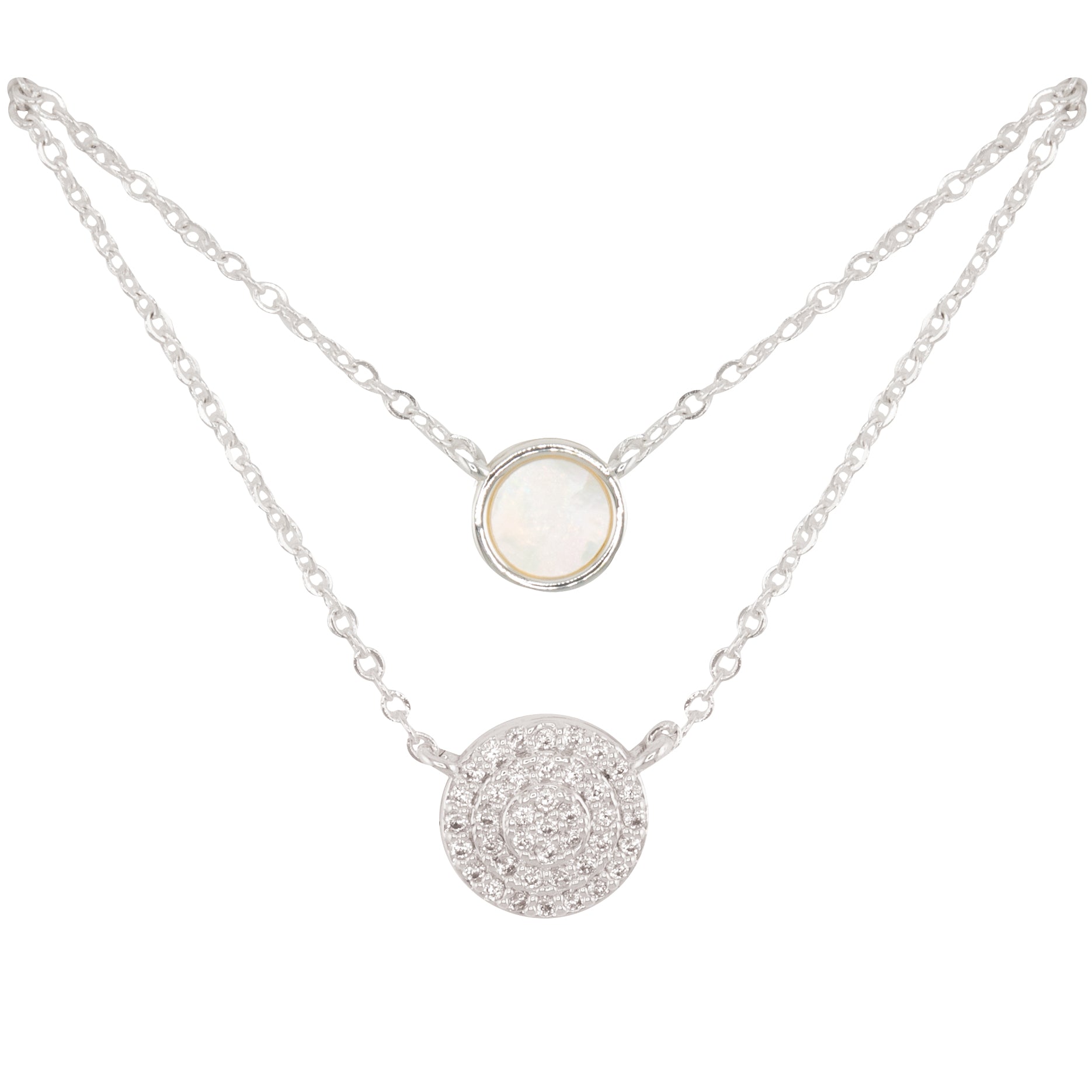 Silver CZ & MOP Dual Circle Necklce