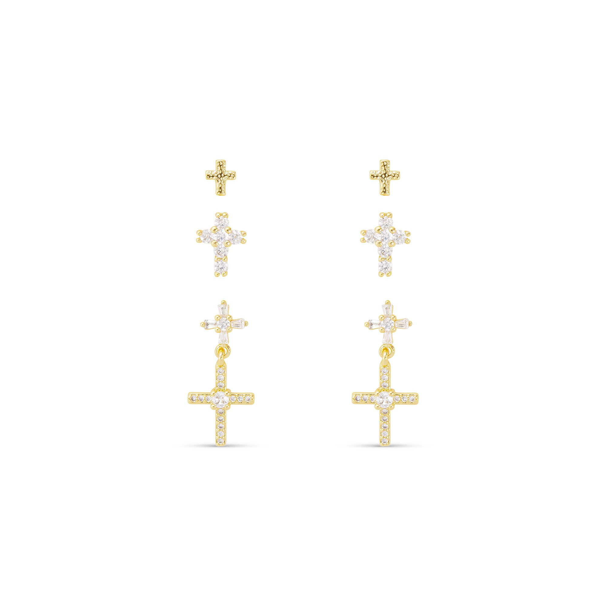 Gold CZ Trio Cross with Drop Earrings