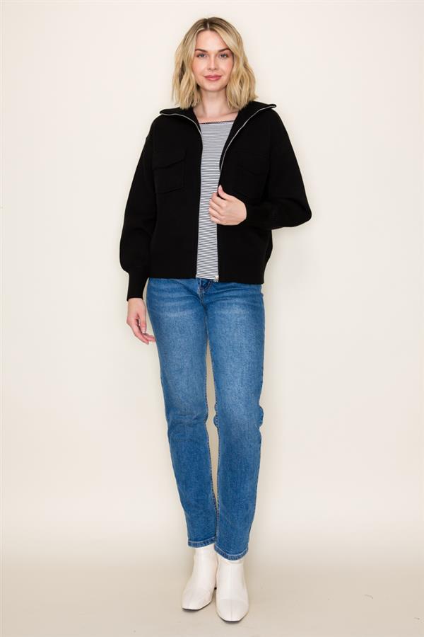 Solid Color Collared Sweater Jacket